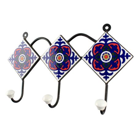 Navy Blue Ceramic Floral Tile Hook